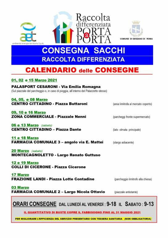 CALENDARIO CONSEGNE GENZANO